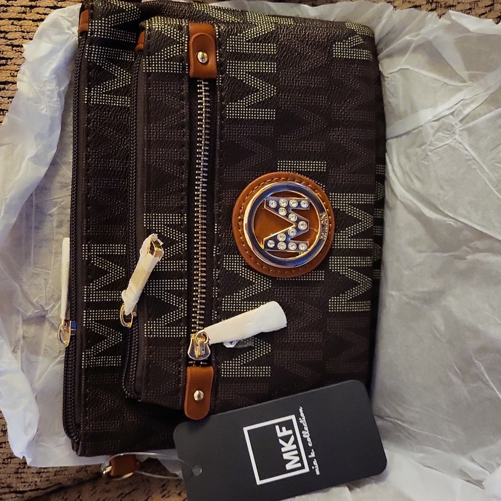 NWT MKF brand cross body purse.  Browns and tans with rhinestones